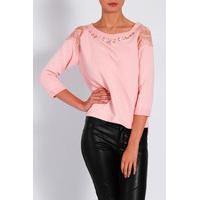 Pink Crochet Shoulder Jewel Neck Jumper.