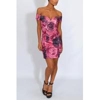 Pink Rose Print Bardot Mini Dress