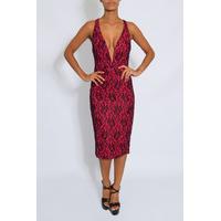 Pink And Black Lace Plunge Midi Dress