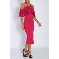 Pink Off The Shoulder Lace Midi Dress