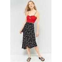 pins needles floral asymmetrical ruffle midi skirt black