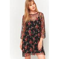 pins needles floral embroidery mesh smock dress black multi