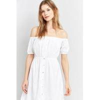 pins needles gauzy off the shoulder button front blouson dress white