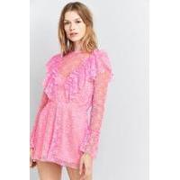 Pins & Needles Pleated Ruffle Neck Lace Playsuit, PINK