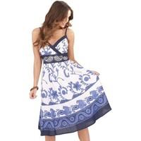 Pistachio Ladies Cotton V Neck Flowing Knee Length Summer Dress women\'s Dress in blue