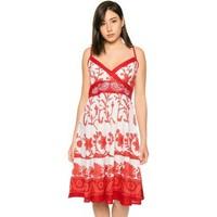 Pistachio Ladies Cotton V Neck Flowing Knee Length Summer Dress women\'s Dress in red