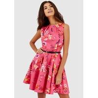 Pink Floral Belted Skater Dress