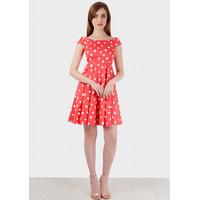 pink polka dot off the shoulder dress