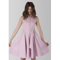 Pink Tie Front Flared Dress with Lace Neck Detail