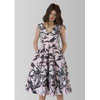 pink and black floral v neck pleated dress