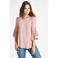 Pink Plain Flute Sleeve Jersey Blouse