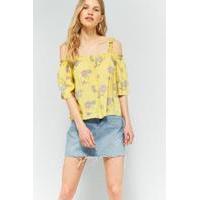 pins needles floral gathered cold shoulder top yellow