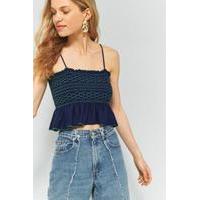 pins needles smocked contrast stitching ruffle cami navy