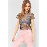 Pins & Needles Floral Embroidered Mesh Crop Top, BLACK
