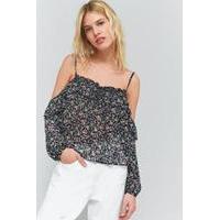 pins needles floral ruffle off the shoulder top black multi
