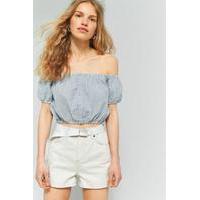 pins needles striped bubble off the shoulder crop top blue