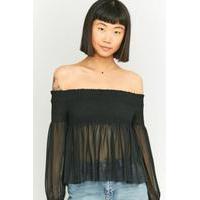 pins needles shirred long sleeve off the shoulder black top black