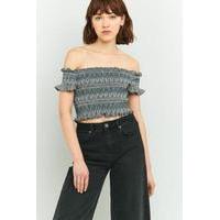 Pins & Needles Geometric Print Shirred Bardot Crop Top, GREY