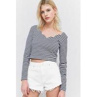 Pins & Needles Bardot Striped Scallop Neck Long Sleeve Crop Top, BLACK & WHITE