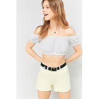 pins needles striped bardot off the shoulder puff crop top black white