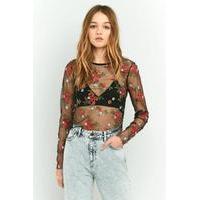 pins needles sheer embroidery crop top black