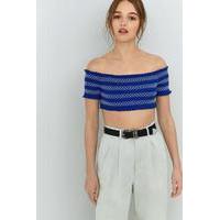 pins needles contrast ruched off the shoulder top blue
