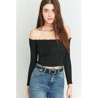 Pins & Needles Long Sleeve Lettuce Edge Bardot Top, BLACK