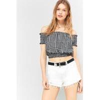 pins needles gingham off the shoulder top black white