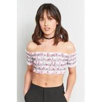 pins needles ditsy floral ruched off the shoulder crop top pink