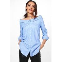 pinstripe off the shoulder shirt blue