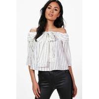 Pinstripe Bow Detail Bardot Top - white