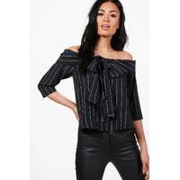 Pinstripe Bow Detail Bardot Top - black