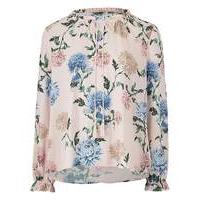 pink floral ruffle neck tie blouse