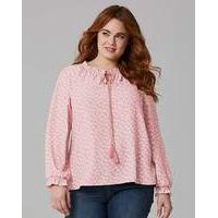 pink print ruffle neck tie blouse