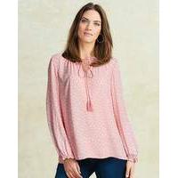 Pink Print Ruffle Neck Tie Blouse