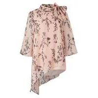 Pink Print Boat Neck Tie Blouse