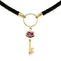 Pink Topaz Key Charm Leather Pendant Necklace 0.5ct in 9ct Gold