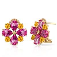 Pink Topaz and Citrine Sunflower Stud French Clip Earrings 4.85ctw in 9ct Gold