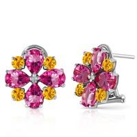 Pink Topaz and Citrine Sunflower Stud French Clip Earrings 4.85ctw in 9ct White Gold