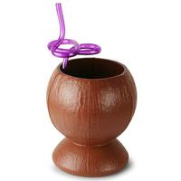 Plastic Coconut Cup with Flower Krazy Straw 26.4oz / 750ml (Single)