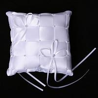 Plaid Ring Pillow In White Satin And Rayon With Bow And Faux Pearl