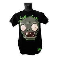 Plants Vs Zombies Centered Zombie Face with Green Neon Highlight Small T-Shirt Black