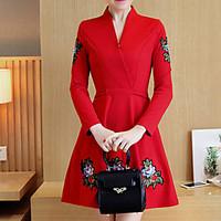 Plus Size Casual/Daily Party Simple Cute Chinoiserie A Line Dress, Embroidered Sweetheart Above Knee Long Sleeve OthersBlue Red