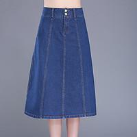 Plus Size A Line Solid Denim Skirts, Going out Casual/Daily Simple Cute High Rise Midi Zipper Button Others Micro-elastic Summer