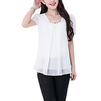 Plus Size Going out Casual/Daily Street chic Summer Blouse, Solid Round Neck Short Sleeve Blue Pink Red White Black Green Yellow Polyester