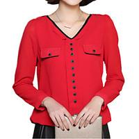 Plus Sizes Women\'s Fashion Decorative Pocket Solid Color Chiffon V Neck Long Sleeve Shirt Blouse Tops