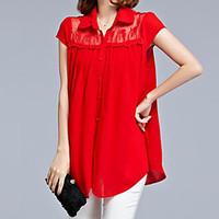 Plus Size Casual/Daily Simple Summer Blouse, Solid Shirt Collar Short Sleeve Blue Red Black Purple Polyester Medium