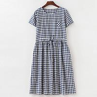 Plus Size Going out Casual/Daily Simple Cute Chinoiserie Loose Dress, Check Round Neck Knee-length Short Sleeve Cotton Linen Blue Black