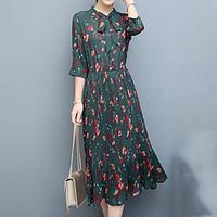 Plus Size Casual/Daily Simple Chiffon Dress, Floral Stand Maxi ½ Length Sleeve Polyester Green Summer Mid Rise Micro-elastic