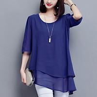 plus size casualdaily simple spring summer blousesolid round neck leng ...